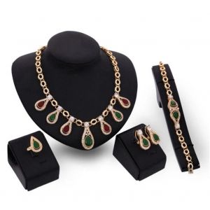 Femmes Tendance Multicolore Creux Strass Cristal Collier Boucles D'oreilles Bracelet Bague Bijoux Ensemble - Neuf