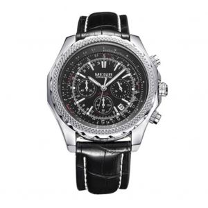 Megir Mode Hommes Alliage Imperm&eacute;able Pu Cuir Quartz Montre (Ceinture Noire Bo&icirc;tier En Acier Cadran Noir) - Neuf