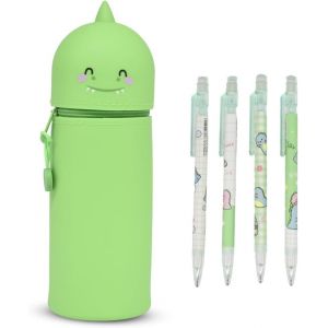 MAA-Trousse Ecole 2 en 1 en Silicone Souple Kawaii + 4pcs Crayons Dinosaures + 1 Noyau de Crayon 0,5 mm, Fermeture Eclair en Silicone, Pochette de Stylo - Neuf