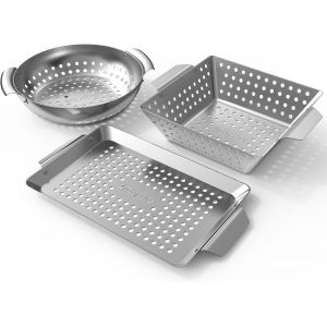 Ulteronixshop-Onlyfire Ensemble de 3 Panier &agrave; Barbecue en Acier Inoxydable, Paniers a Grillades Anti Adh&eacute;sif avec Poign&eacute;e Incurv&eacute;e, Mini Paniers de Cuisson pour Barbecue Pour Gril &agrave; Gaz, Gril &agrave; Charb - Neuf