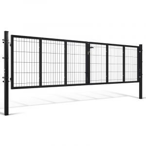 Portail De Jardin Double Battant - 350x100cm Anthracite - Portillon Grillag&eacute; - Avec Poign&eacute;e, Serrure, Cl&eacute;s Et Verrouillage Au Sol - Acier Galvanis&eacute; - Neuf