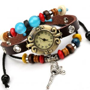 Montre-Bracelet A Quartz Vintage Unisexe En Cuir Multicouches Avec Perles Colorees Pour Homme Et Femme - Neuf