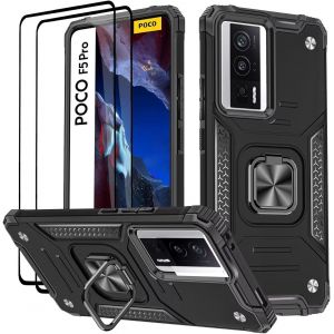 Kal-Coque Pour Xiaomi Poco F5 Pro 5g, Verre Trempé [2 Pièces] + Housse Tpu Silicone Rotation 360° Aimant Anneau Support Double Défense Protection Etui - Noir - Neuf