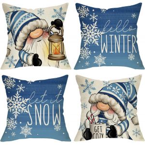 Housse Coussin Decoratif Hiver Bleu Lutin 18x18 Lot De 4, Neige Flocon Chocolat Chaud Lampe Porche Decoration Maison, Decoration Noel Confortable Canape Coussin - Neuf