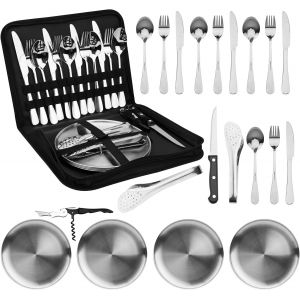 Ulteronixshop-Set De Couverts De Camping 4 Personnes Vaisselle Inox Camping 20 Pi&egrave;ces Vaisselle D'ext&eacute;rieur Camping Ensemble De Vaisselle Pour La Randonn&eacute;e, L'escalade,Barbecues, Le Plein Air - Neuf