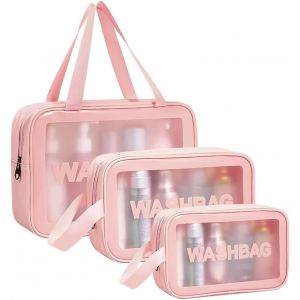 KALANKA-Trousse de Toilette Transparente Set, 3PC Trousse de Toilette &Eacute;tanche en PVC, Impermeable Portable Trousses de Maquillage de Voyage Transparente en PU avec Poign&eacute;e &agrave; Fermeture &eacute;clair - Neuf