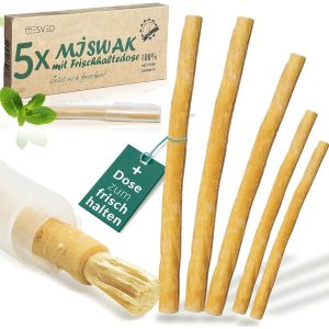 Miswak - Lot De 5 Brosses À Dents En Bois Siwak - Avec Boîte Fraîcheur - Idéale Pour Les Déplacements - Végétalien - Brosse À Dents 100 % Naturelle Avec Minéraux Pour Des Dents Et Des Soins Buccaux - Neuf