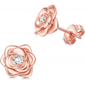 Boucles D'oreilles Fleurs En Argent Sterling 925 Pour Femme Fille Hypoallergéniques Boucles D'oreilles Roses Avec 5a+Zircone Cubique Clous D'oreilles Argent/Or/Or Rose/Noir.[X154] - Neuf