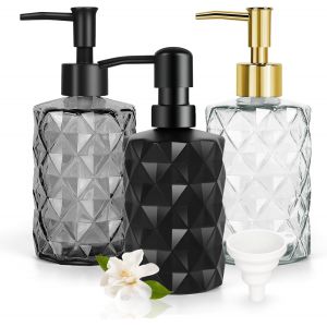KAL-Distributeur De Savon Noir | Distributeur De Savon À Pompe Avec Entonnoir | 3 * 330Ml Diamond Design Glass Soap Dispenser | Distributeur De Savon Pour Shampoing Lotion Gel Douche Savon - Neuf
