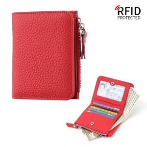 HUED-Petits portefeuilles RFID en cuir véritable pour femmes, poche à monnaie zippée, porte-monnaie à deux volets courts, porte-cartes multiples, mode-Red - Neuf