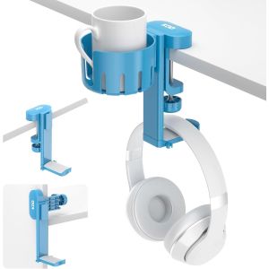 LORANKA-Support Casque Audio sous le Bureau, 2 en 1 Porte Gobelet, Porte Gobelet Rotatif sous le Bureau, Organisateur avec Organiseur de C&acirc;ble pour Tasses, Gaming,Bleu - Neuf