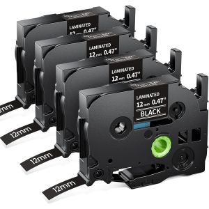 4x TZe 12mm Ruban d'&eacute;tiquettes Compatible pour Brother P-Touch &Eacute;tiqueteuse TZ TZe-335 12mm x 8m Blanc sur Noir Cassette pour PT-H110 H107 H100LB H200 p300BT CUBE H101C 1000 1090 D200 - Neuf