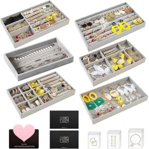 Organisateur Bijoux Tiroir,Plateau À Bijoux Empilable,Plateau Bijoux Velours A 6 Styles Différentes,Pour Ranger Et Présenter Des Boucles D'oreilles,Des Colliers,Des Bagues - Neuf