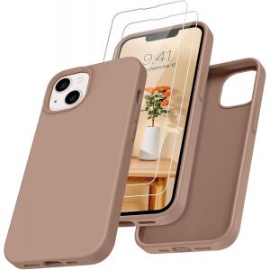 Kal-Coque Pour Iphone 13 Avec 2 Verre Trempé, Etui Pour Iphone 13 Silicone Liquide Antichoc, Doublure Micro-Fibre Velours Anti-Rayures, Protection Ecran De Téléphone Pour Iphone 13, Marron - Neuf