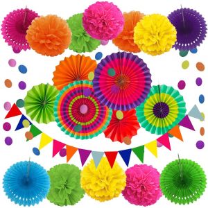 Tianyi-Zerodeco Décoration De Fête Fournitures, 21 Pièces Multicolore Papier Pompoms Fleurs, Eventail Boule, Banderole En Triangle, Ventilateur De Guirlandes Fête D'anniversaire, Fiesta Mexicain Carn - Neuf