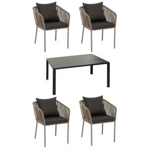 Ensemble De Mobilier De Jardin Avec Table Rectangulaire Et 4 Chaises En Aluminium Gris Et Coussin Gris Fonc&eacute; 04_0009791 - Neuf