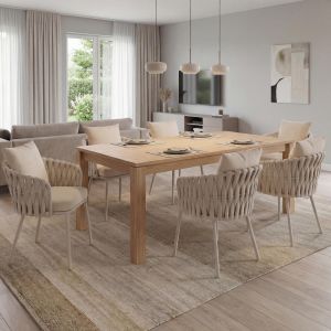 Lot de 6 chaises de salle &agrave; manger en aluminium HWC-P89, chaise d'int&eacute;rieur avec accoudoirs, tissu/textile (180 g/m&sup2;) tressage en cordecr&egrave;me - Neuf