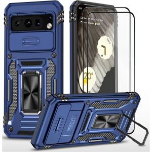 Fghbb-Coque Pour Google Pixel 8 Pro Étui Avec 2 Verre Trempé Support Magnétique Armure Robuste Antichoc Silicone Avec Couvercle De Caméra Coulissant Bumper-Bleu - Neuf