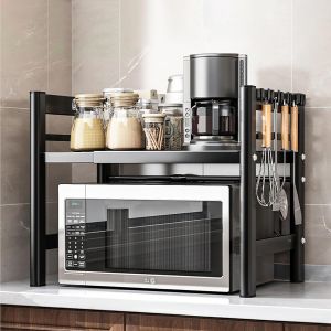 Jexnovashop-2 Niveaux Support De Four &Agrave; Micro-Ondes Extensible,Avec 6 Crochets,Extensible De 40 &Agrave; 64 Cm,Convient Aux &Eacute;tag&egrave;res De Cuisine, Aux &Eacute;tag&egrave;res De Rangement,Noir - Neuf