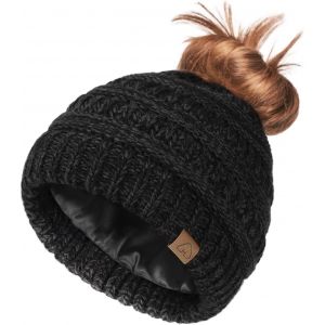 Jexnovashop-Femmes Bonnet Queue De Cheval, D'hiver Doubl&eacute; De Satin Pour Cheveux Boucl&eacute;s, Chapeaux Trou En Tricot Pour Chignon D&eacute;coiff&eacute; - Neuf