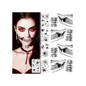 Tatouages Temporaires Halloween Visage - Lot De 9 Feuilles Motifs Araign&eacute;e Et Squelette - Maquillage De F&ecirc;te R&eacute;aliste - Neuf