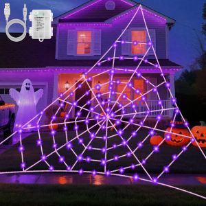 Jgd-Guirlande Lumineuse Toile D'araign&eacute;e Halloween, 5 X 5 M, 120 Led Violettes, Guirlandes Lumineuses Toile D'araign&eacute;e, Usb/Piles Avec Minuterie,8 Modes,&Eacute;tanche,Pour Cour,Jardin,Maison Hant&eacute;e,Ext&eacute;rie - Neuf