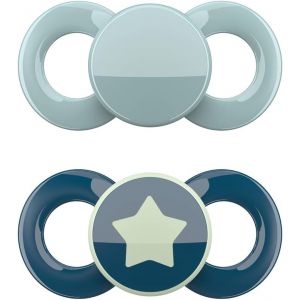 T&eacute;tine Day & Night (Lot De 2)-Sucettes En Silicone Douce Pour Les Dents Taille 1 Pour 0 &Agrave; 6 Mois-T&eacute;tine B&eacute;b&eacute; Phosphorescente-Made In Germany-Beige & Rose,Motif Coeur - Neuf