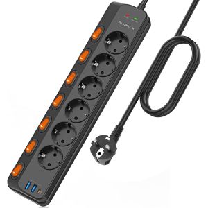 Multiprise Parafoudre avec 6 Prises et PD 20W 1 Port Type-C et 2 Ports USB-A, Multiprise USB avec 7 Interrupteurs Individuels, Multiprise Electrique 3680W/16A, 1050 J, Cordon 3M pour Maison Bureau - Neuf