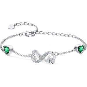 Eryi-Bracelet Infini Coeur Argent Sterling 925 Bracelet Femme Avec 2 Coeurs Pierres De Naissance Réglables Infinity Heart Ecg Bracelets, Belle Bijoux Cadeau D'anniversaire Pour Fille Maman - Neuf