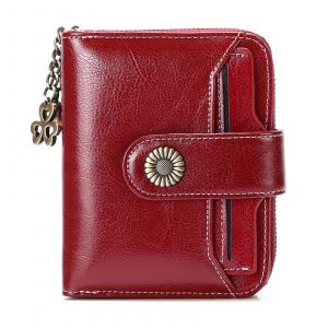 Portefeuille compact &agrave; deux volets en cuir v&eacute;ritable pour femme, couleur vin rouge, avec protection RFID - Neuf