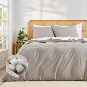 Sjzg-Housse De Couette 200x220 Coton Effet Lin Ultra-Doux 100% Coton Pr&eacute;-Lav&eacute; Structure Lin Oeko-Tex &Eacute;t&eacute; 1 Housse De Couette 200x220 + 2 Taies 80x80 Avec Fermeture &Eacute;clair - Neuf