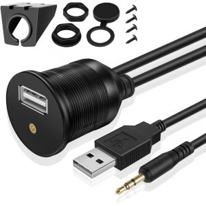 Tnp C&acirc;ble Usb Auxiliaire &Agrave; Encastrer Pour Tableau De Bord + Prise Jack Audio 3,5 Mm Aux 1/8"" R&eacute;sistant &Agrave; L'Eau Pour Voiture, Camion, Remorque, Moto (1,8 M) - Neuf