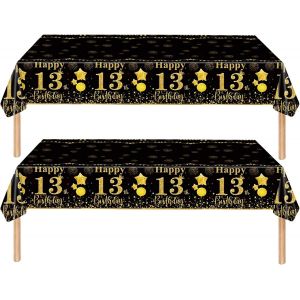 Sjzg-2 Pi&egrave;ces Nappe Noire Et Dor&eacute;e Decor F&ecirc;te D'anniversaire Pour 13 Ans, 137x274cm Nappe Plastique Et Rectangulaire D&eacute;coration De Table Joyeux Anniversaire Pour Gar&ccedil;on Fille D&eacute;coration Anniversaire - Neuf