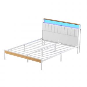 Cadre de lit, 160 x 200 avec Base en m&eacute;tal, lit 2 Personnes, avec lumi&egrave;res LED et Prises Multiples (1 Prise AC, 2 Ports USB) - Neuf