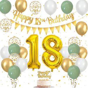 TRAHOO-Decoration Anniversaire 18 Ans Set, Ballons Anniversaire Vert Or et Blanc, Ballon 18 Ans, Banderole Joyeux Anniversaire, Topper Happy Birthday, pour Deco Anniversaire 18 Ans Fille Garçon - Neuf