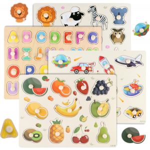 ERYI-4 Pièces Puzzle Enfant 2 3 Ans, Jouet En Bois Fille Garcon, Puzzle Bois Montessori 1 An, Puzzle Bois Bouton Jeuets Educatifs Apprentissage Pour Bébés 2 3 4 Ans, Alphabet Forme Véhicules Fruit An - Neuf