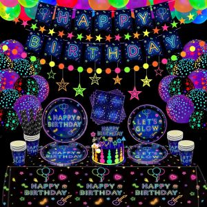 LETNERNY-Lot De 180 Accessoires De Fête Fluo - Ballon Fluo - Assiettes Happy Birthday - Bannière - Décorations De Gâteau - Serviettes Et Tasses Pour Décoration De Fête À Lumière Noire - Pour 20 Perso - Neuf