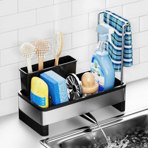 Kitchen Sink Sponge Holder, Kitchen Storage, Stainless Steel & Pp Drainer, Sink Organizer, Multifunctional Kitchen Sink Sponge Holder With Automatic Drainage - Neuf