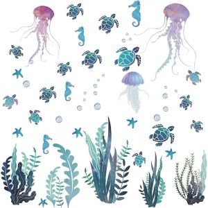 2 pcs sous la mer Stickers muraux,D&eacute;calcomanies murales pour chambre &agrave; coucher Autocollant mural Algue Tortue de mer Hippocampe &Eacute;toile de mer - Neuf
