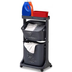 MEVRONISSHOP-Chariot &agrave; linge avec roues, 2 &eacute;tag&egrave;res multifonctionnelles, chariot de rangement, avec panier &agrave; linge amovible, panier de rangement, &eacute;tag&egrave;re de rangement sup&eacute;rieure (gris) - Neuf