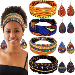 Kalanka-4 Paires Boucles D'oreilles Africaines En Faux Cuir 4 Pi&egrave;ces Bandeaux Africains, Boucles D'oreilles De Larme Bandes De Cheveux Nou&eacute;es Larges Bandeaux De Yoga Extensibles Pour Filles Femmes - Neuf