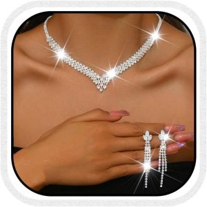 Kal-Parure De Bijoux De Mariée En Argent Avec Collier Et Boucles D'oreilles En Cristal Étincelant Pour Femme - Neuf