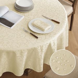Nappe Ronde 200 Cm De Diam&egrave;tre Jacquard Beige Nappe Anti Tache,R&eacute;sistant &Agrave; L'eau,Lavable Tissu Decoration De Table Pour Printanier,Paques,Ext&eacute;rieurs,Jardin,Anniversaires,Mariage,Fete,Buffet - Neuf