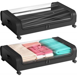 Mevronisshop-2 Pcs Rangement Sous Lit Boite Housse Sac Rangement Vetement Avec Roulette Et Couvercle Cadre M&eacute;tallique Placard Tiroir Organisateur Bac Chambre Drap Caisse Pour V&ecirc;tements Jouets Livres - Neuf