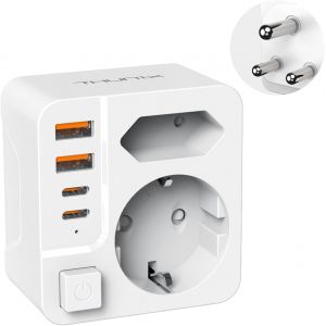 JGD-Adaptateur Prise France vers Afrique du Sud, Adaptateur Type M avec USB C, Adaptateur Voyage Afrique du Sud avec 2 USB A et 2 Type C pour Namibie, Swaziland, Lesotho et Bhoutan(Blanc) - Neuf