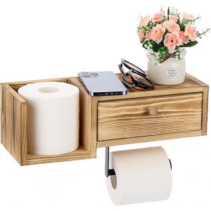 Porte-papier toilette mural en bois avec &eacute;tag&egrave;re et tiroir, support pour rouleau de papier toilette de salle de bain avec bo&icirc;te de rangement, distributeur de lingettes jetables, - Neuf
