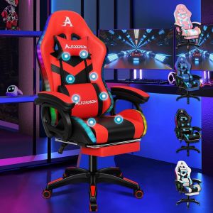 SUBZONAL-LED Chaise Gaming, Siege Gaming avec Massage 8 Points, Fauteuil de Gaming Pivotant Ergonomique avec &Eacute;clairage RVB avec Support Lombaire et Appui-T&ecirc;te, Hauteur R&eacute;glable, Rouge - Neuf