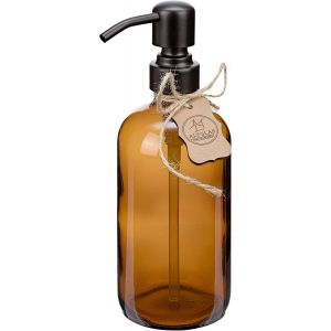 KAL-Distributeur De Savon Liquide 'Sarajevo' En Verre Marron - Bouteille De 500 Ml Avec Pompe En Acier Inox Noir - Neuf