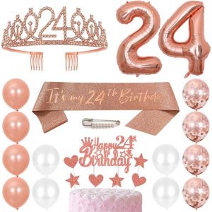 ChicSlick-Couronne D'Anniversaire 24 Ans Pour Femme En Cristal Queen Tiara Princesse Couronne 24 Ans Décoration De Gâteau D'Anniversaire Ballons Or Rose Ballon Chiffre 24 Décoration D'Annive[X1561] - Neuf