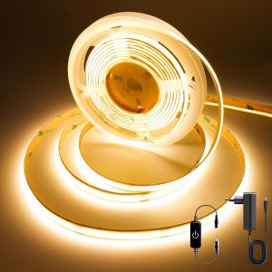 Ruban Led Cob 3m,Blanc Chaud 2700k,Avec Alimentation 24v Et Toucher Variateur,Bande Led Découpable,320 Led/M,Cri>90,8mm De Large,Idéal Pour Chambre,Cuisine,Armoires - Neuf